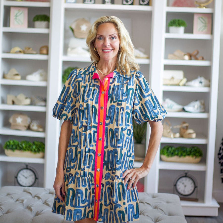 Puff Sleeve Pattern Dress 95% Polyester 5% Spandex