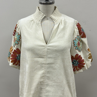 Embroidered Detail Puff Sleeve Suede Top