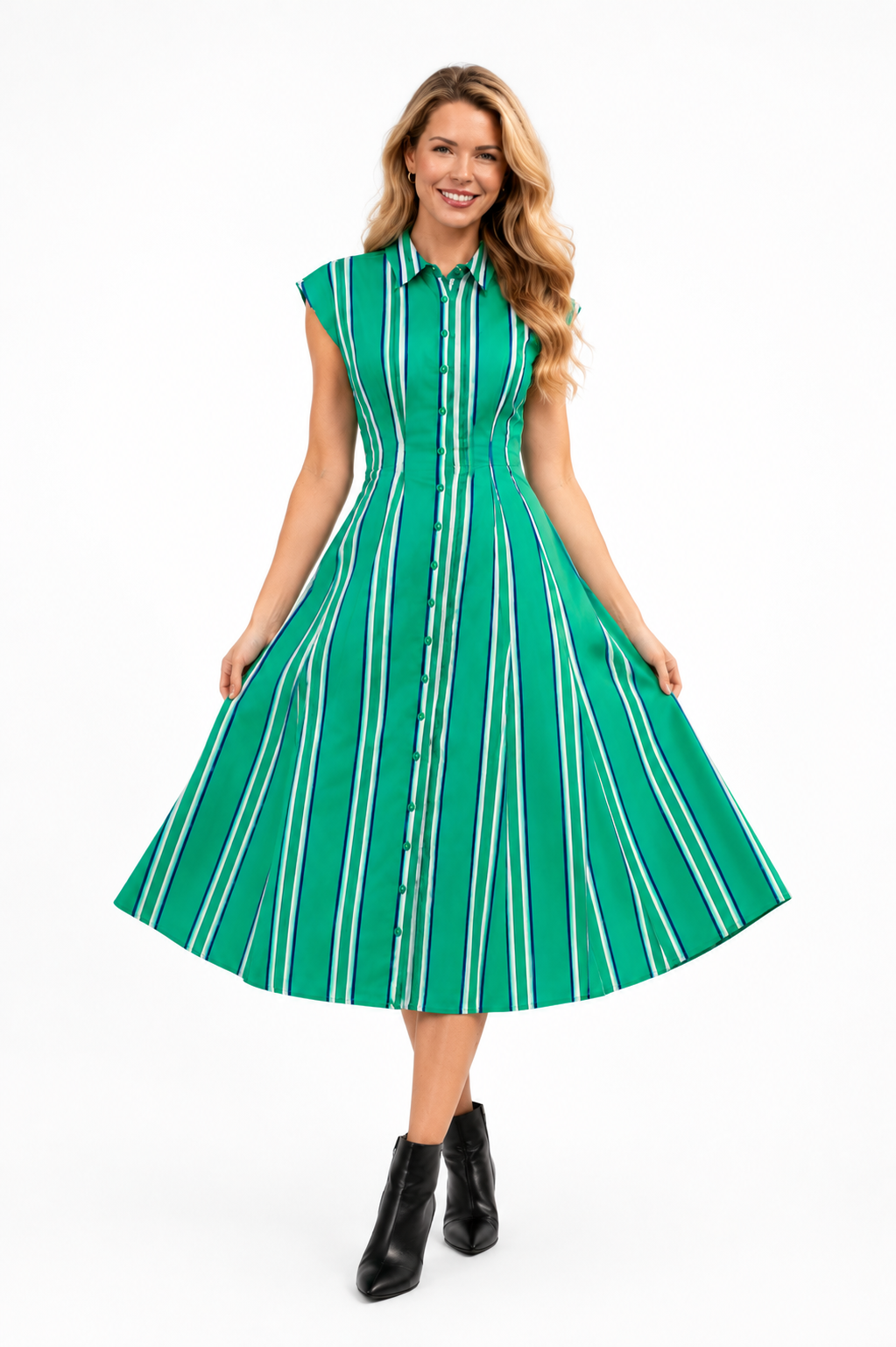 Fitted_Bodice_Striped_Button_Down_Midi_Dress_TCEC_CD06694_Green_S_4