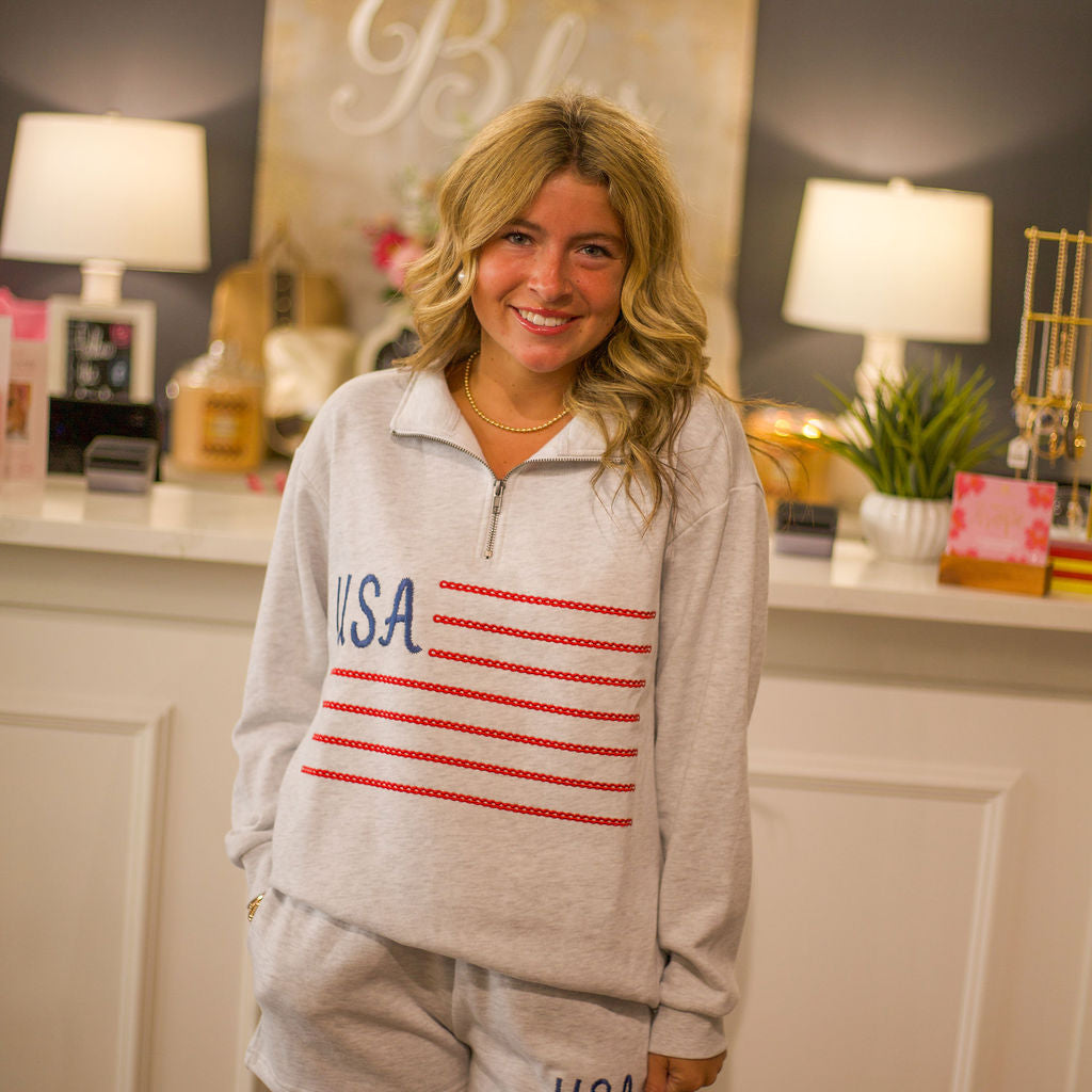 Americana Embroidered Quarter Zip Short Set
