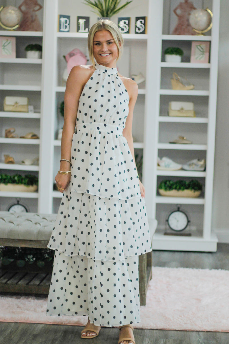 Ivory with Black Polka Dot Tiered Dress L