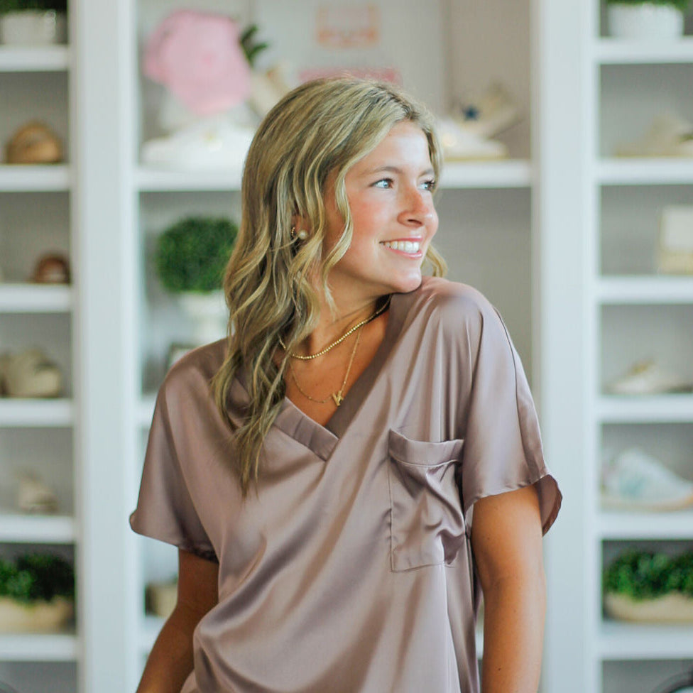V-Neck Chest Pocket Detail Satin Blouse Top