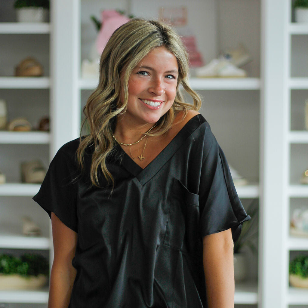 V-Neck Chest Pocket Detail Satin Blouse Top