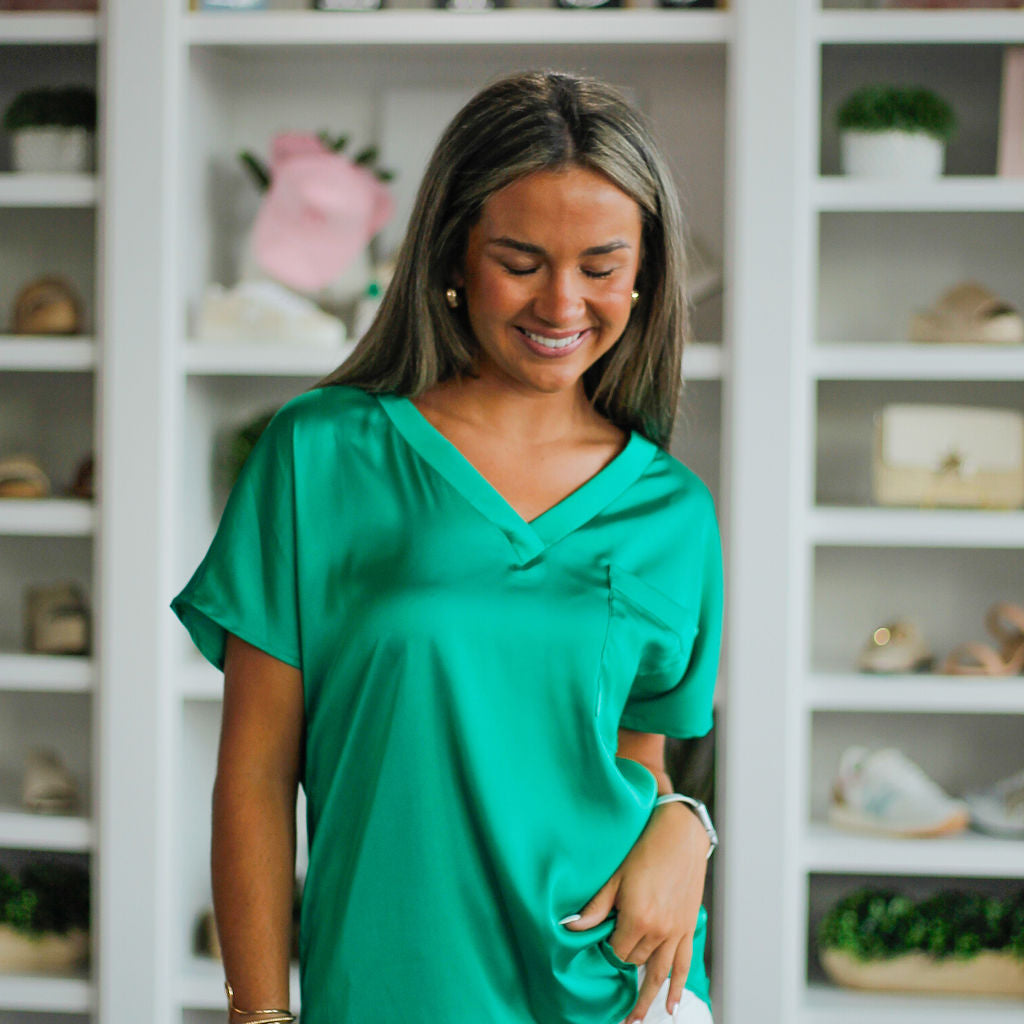 V-Neck Chest Pocket Detail Satin Blouse Top