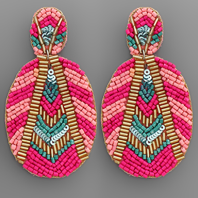 PINK/TQ Chevron Pattem Beaded Oval Earrings