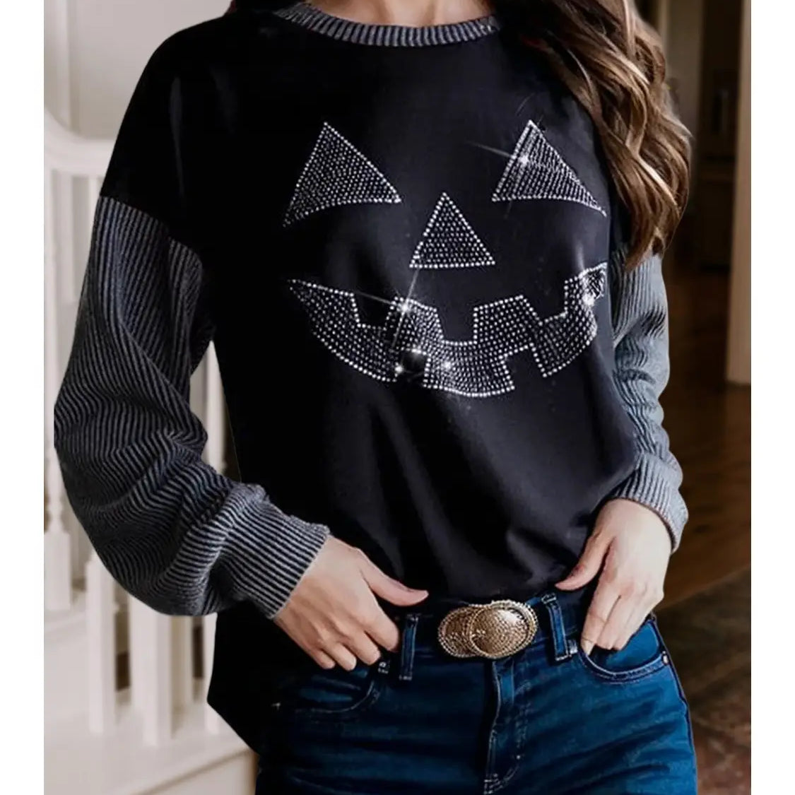 Rhinestone Pumpkin Ribbed Top