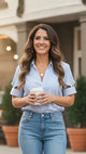 Classic Blue Striped Cut Out Sleeve Button Down Shirt