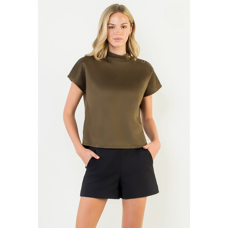 Button Detail Short Sleeve Suede Top