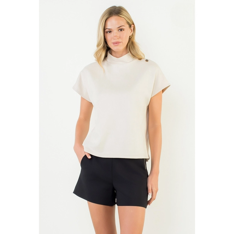 Button Detail Short Sleeve Suede Top