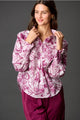 Print Poplin Ruffled Detail Smocked Cuff Half Placket Button Up Shirt