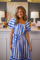 Striped Midi Puff Sleeve Dress With Self Tie
