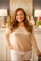 V neck embroidered sweater with script (Lake Life)