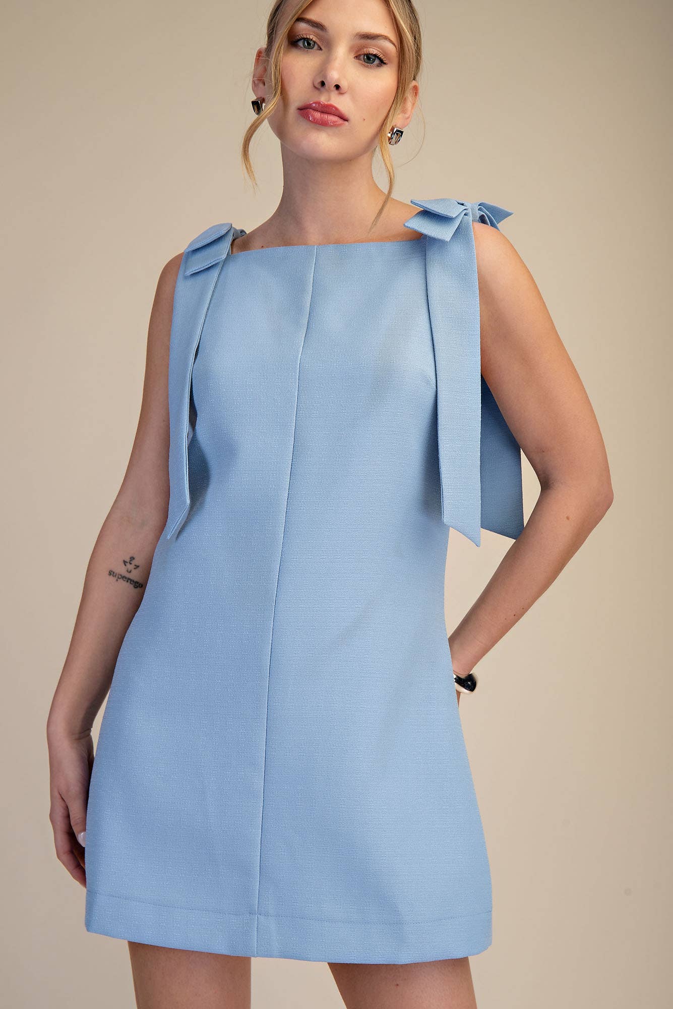 Bow Strap Mini Dress Straight Neckline