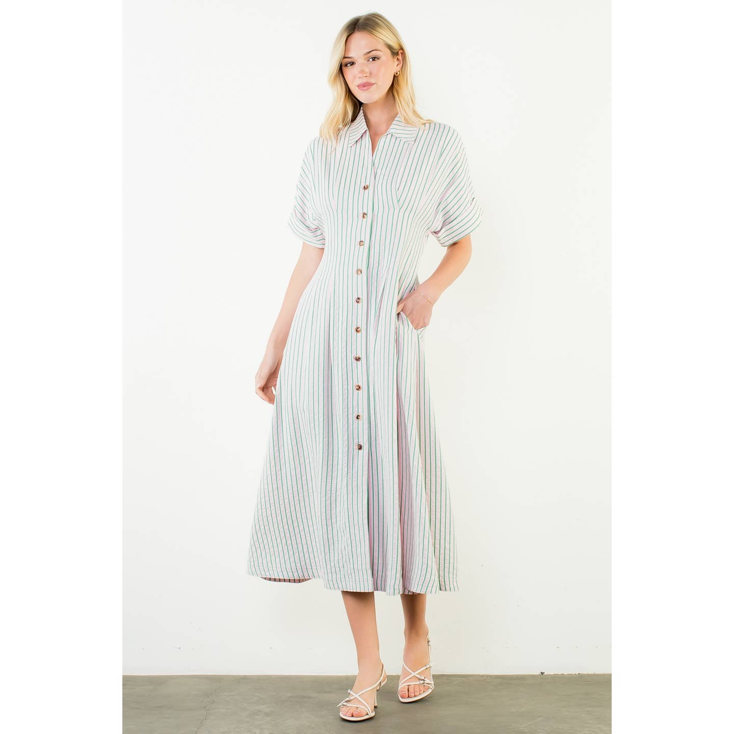 Short Sleeve Striped Button Down Dress