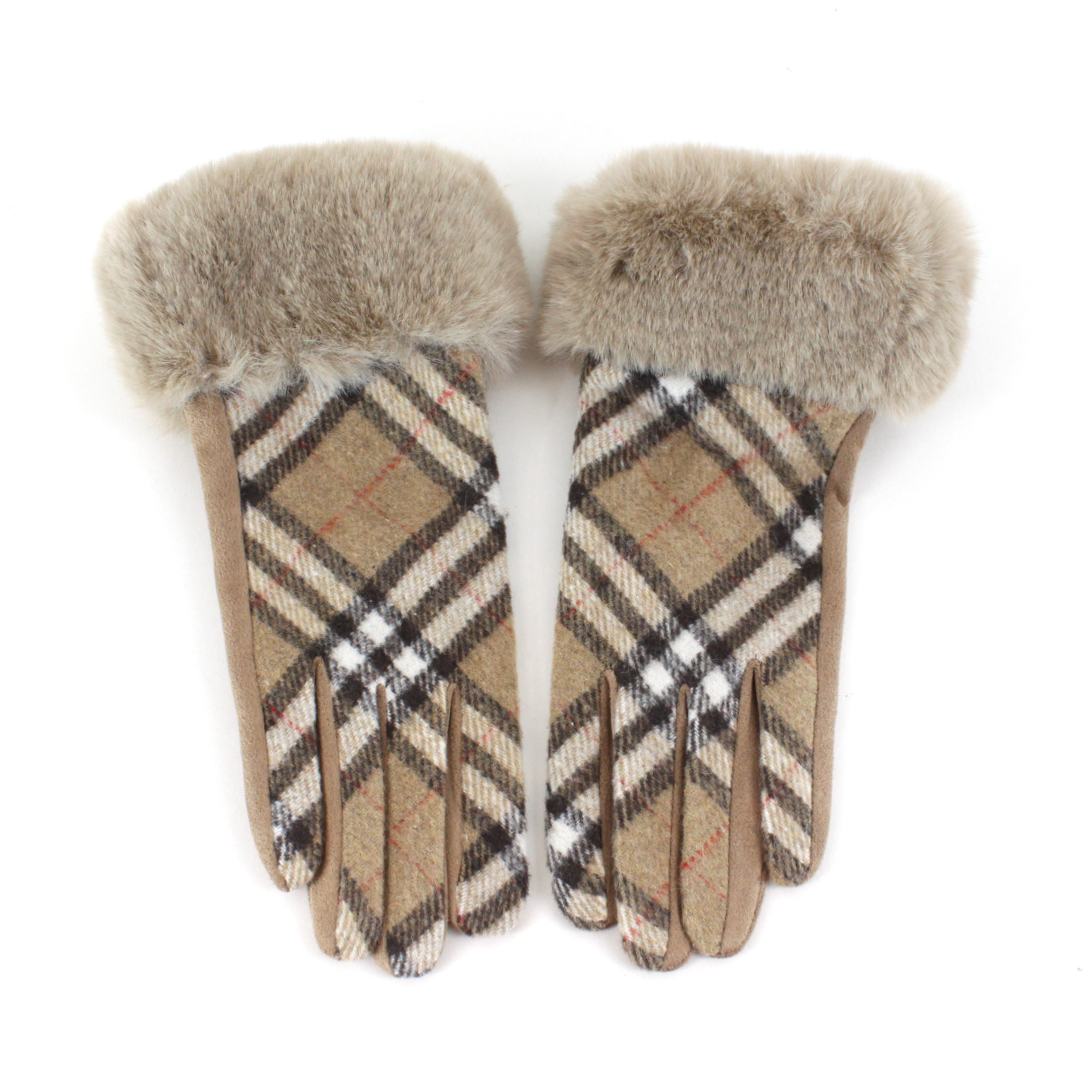 Beige Plaid Pattern Gloves with Faux Fur