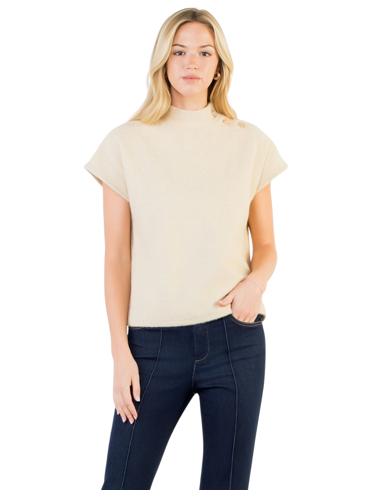Button Detail Short Sleeve Suede Top_THML_THS1819