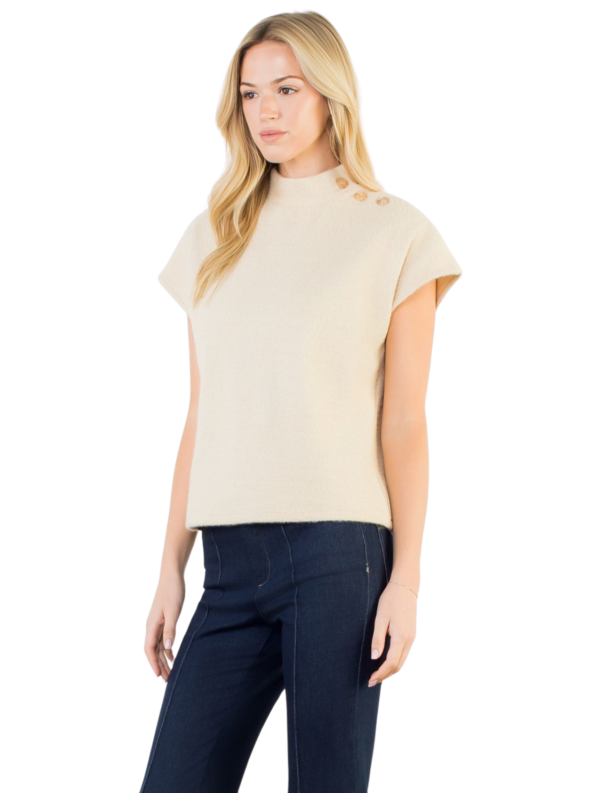 Button Detail Short Sleeve Suede Top_THML_THS1819