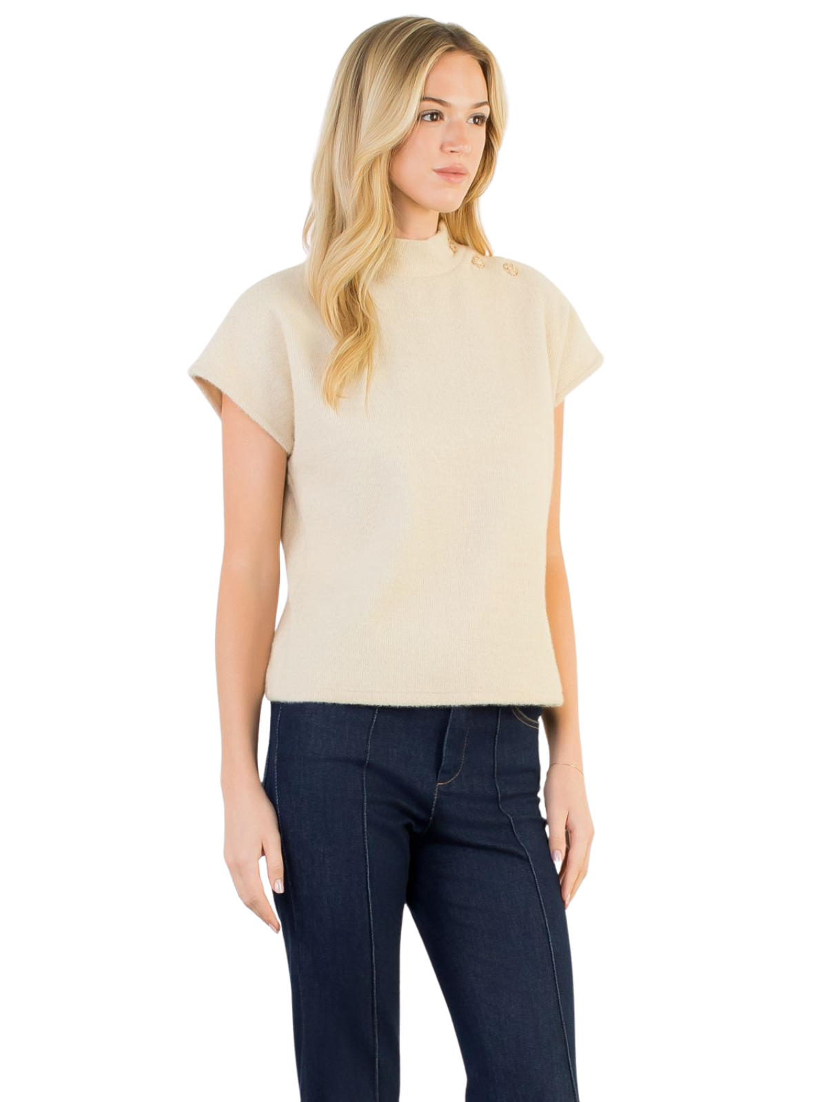 Button Detail Short Sleeve Suede Top_THML_THS1819