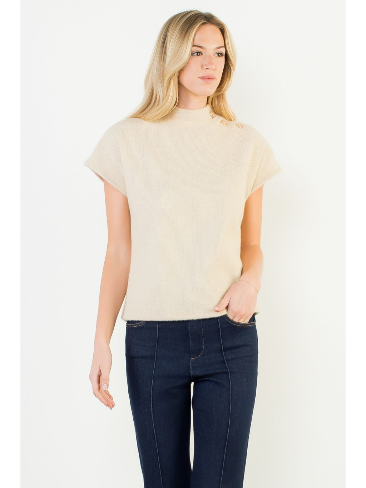 Button Detail Short Sleeve Suede Top_THML_THS1819