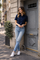 Solid Midnight Blue Blouse with Modern Twisted Sleeve