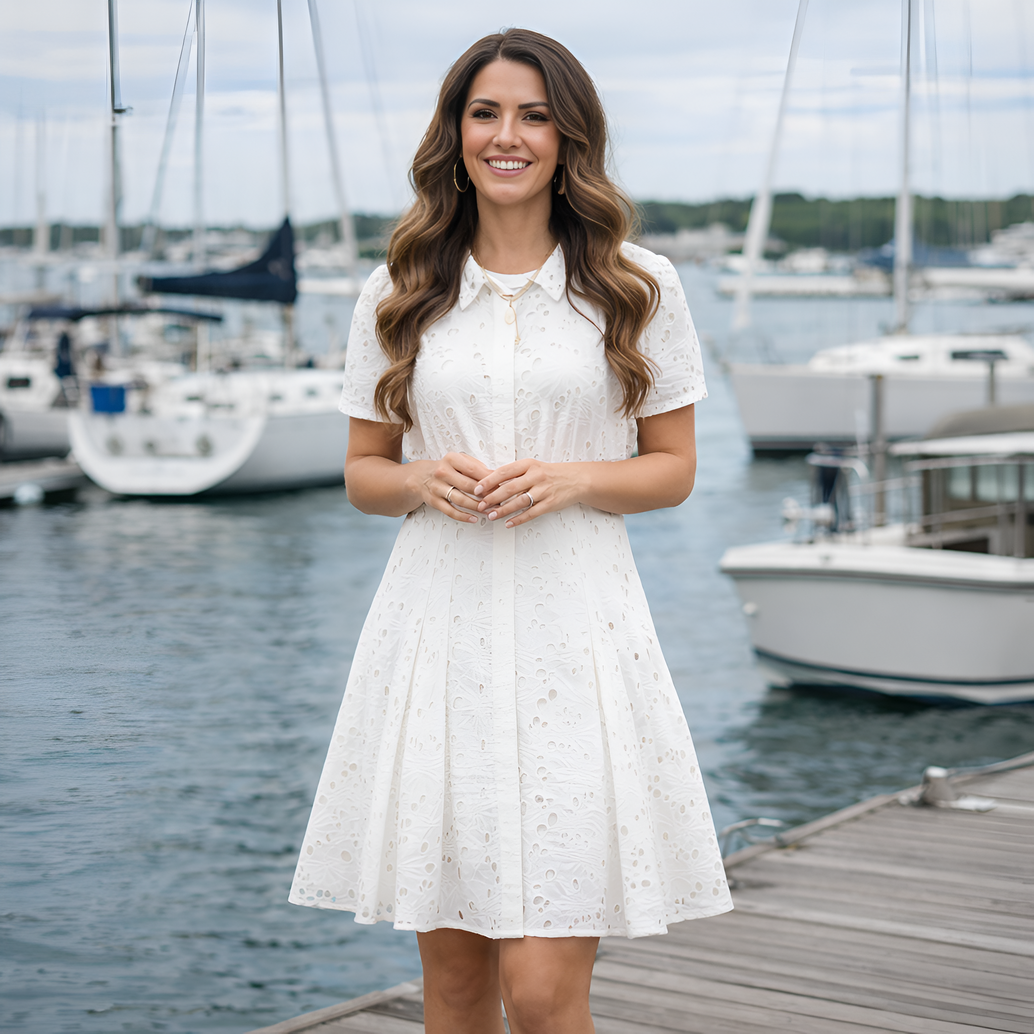 Eyelet Collared Neck Hidden Front Button Dress