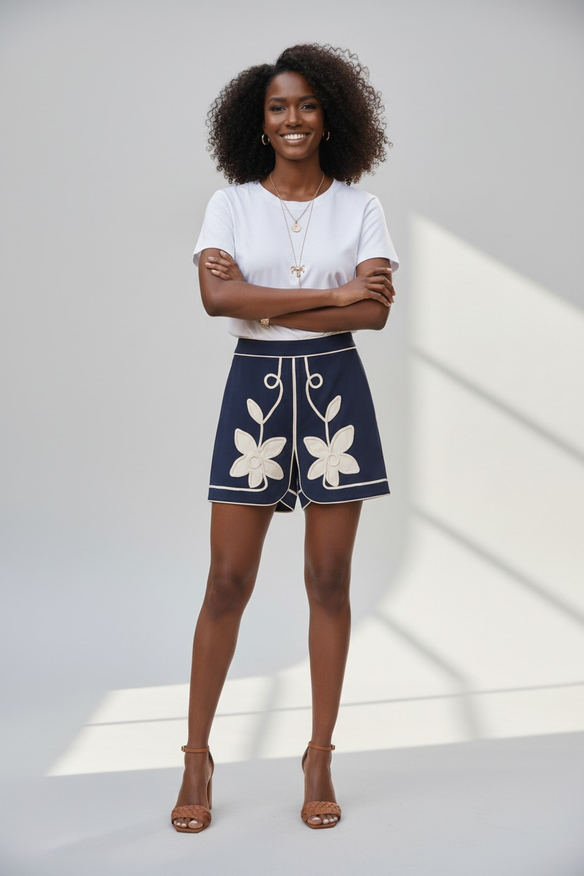 Girl Floral Applique Front Slit Mini Skirt_Pretty_Follies_CS3988_NVY_S_4