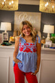 Strap Tie Gingham Embroidered Top