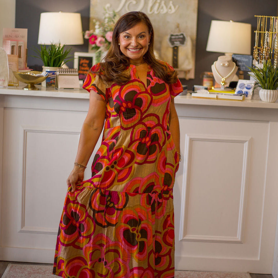 bold floral midi dress Vibrant Floral Dress