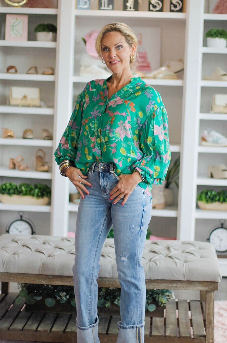 Green Floral Button Down Flowy Blouse Bliss on Brannon Green Floral Button Down Flowy Blouse Bliss on Brannon