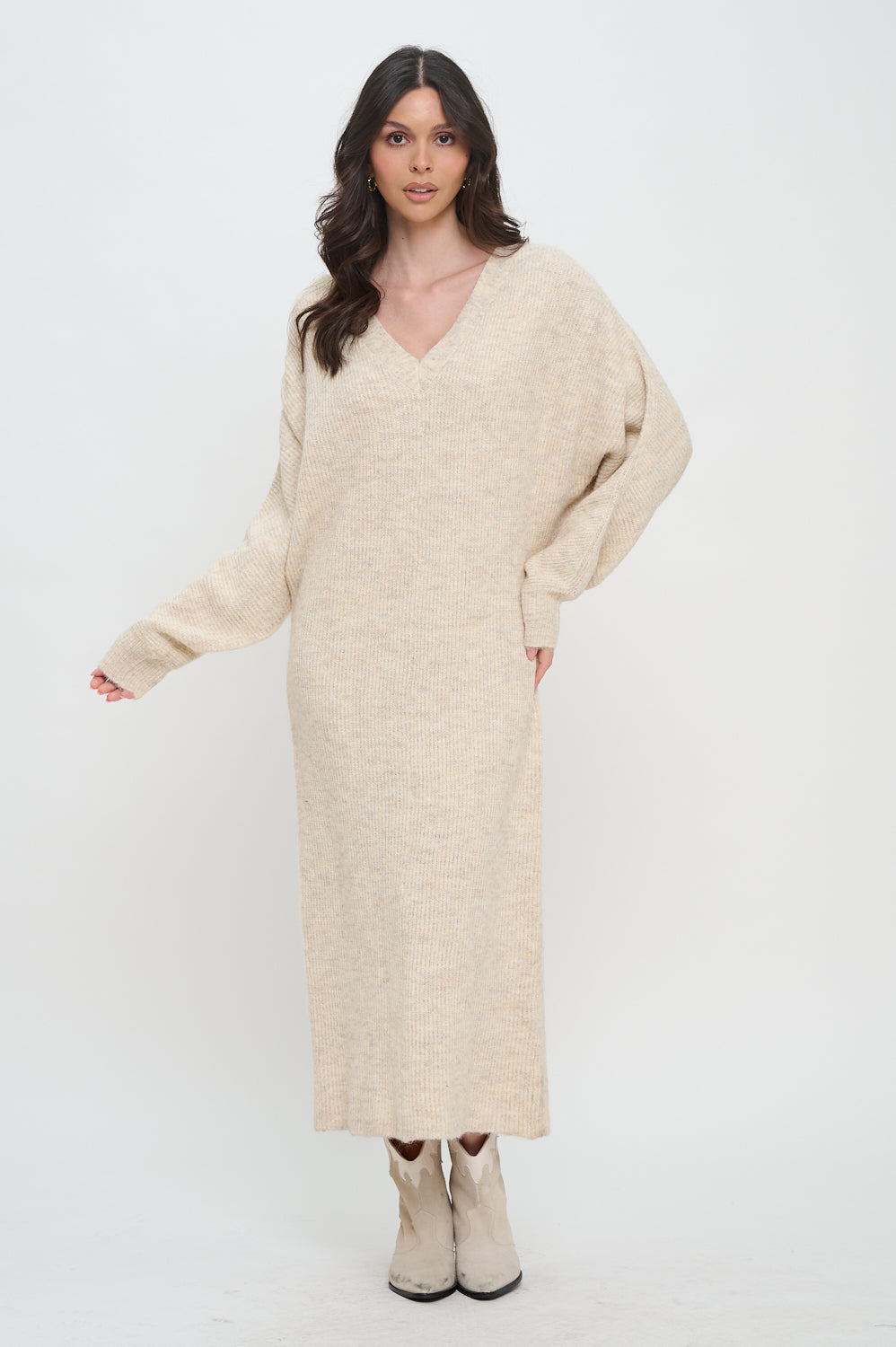 Cozy V-Neck Maxi Sweater Dress M / Heather Oatmeal
