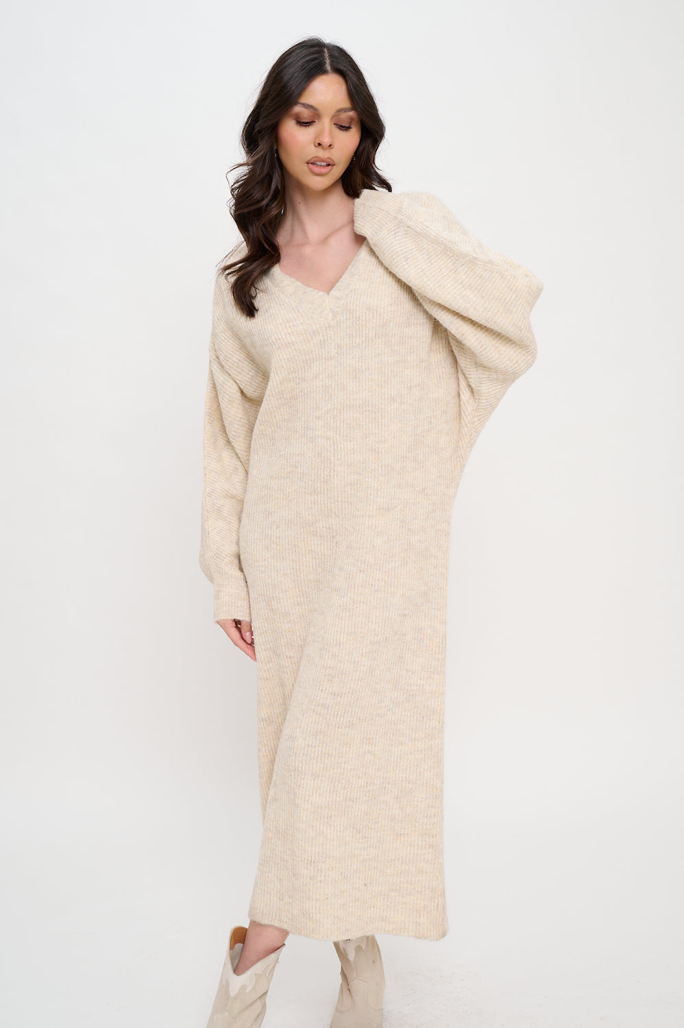 Cozy V-Neck Maxi Sweater Dress M / Heather Oatmeal Cozy V-Neck Maxi Sweater Dress M / Heather Oatmeal