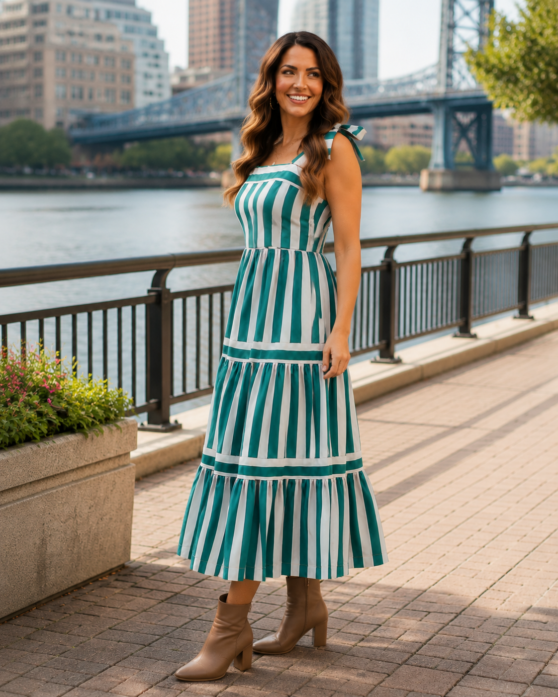 Multi Color Striped Tiered Maxi Dress Green/Pink / L