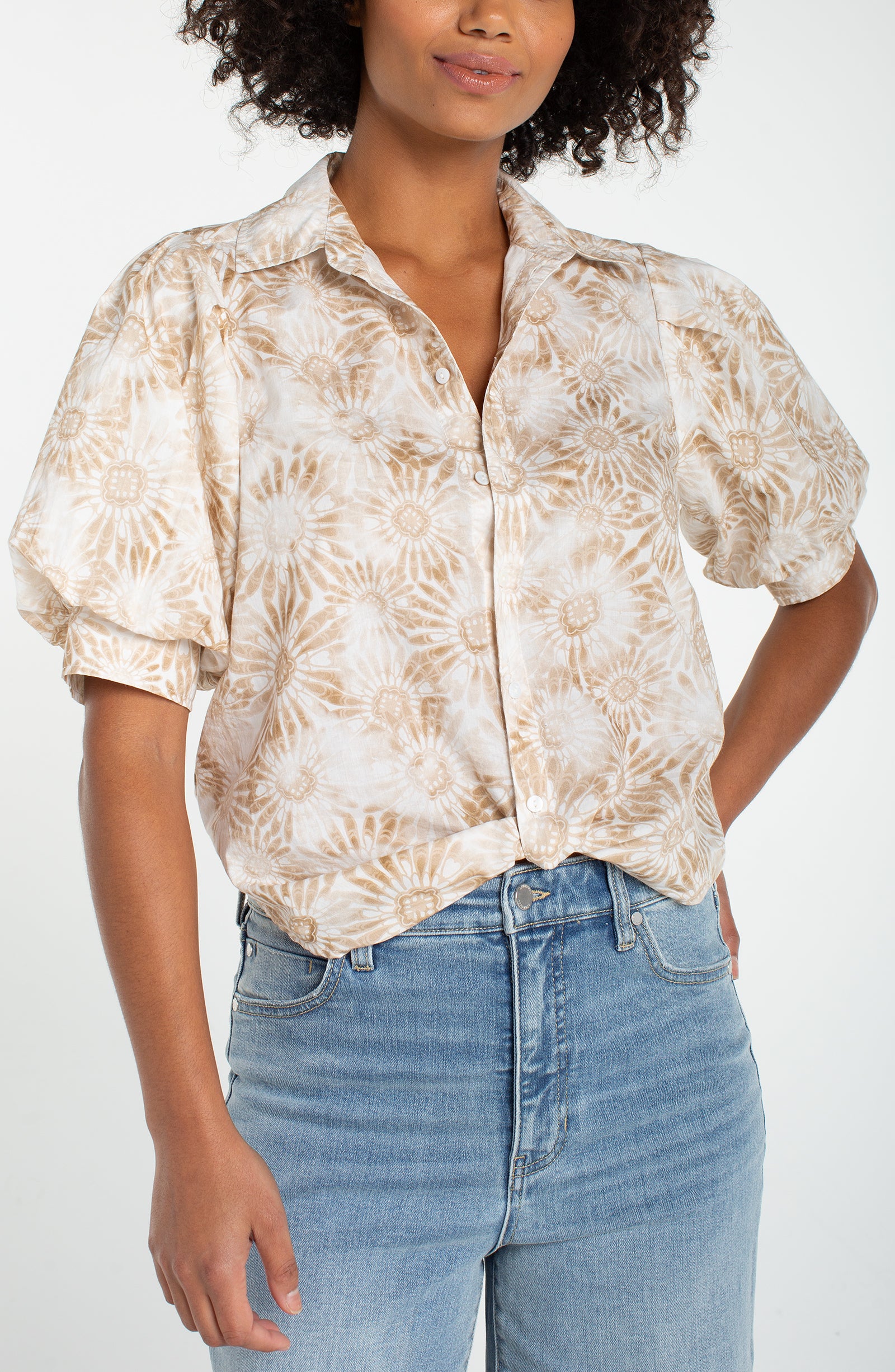 Puff Sleeve Button Front Woven Top With Twist