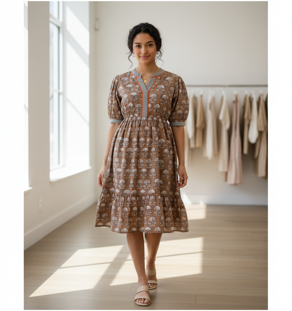 Puff Sleeve Floral Detailed Midi Dress_THML_SRT1981