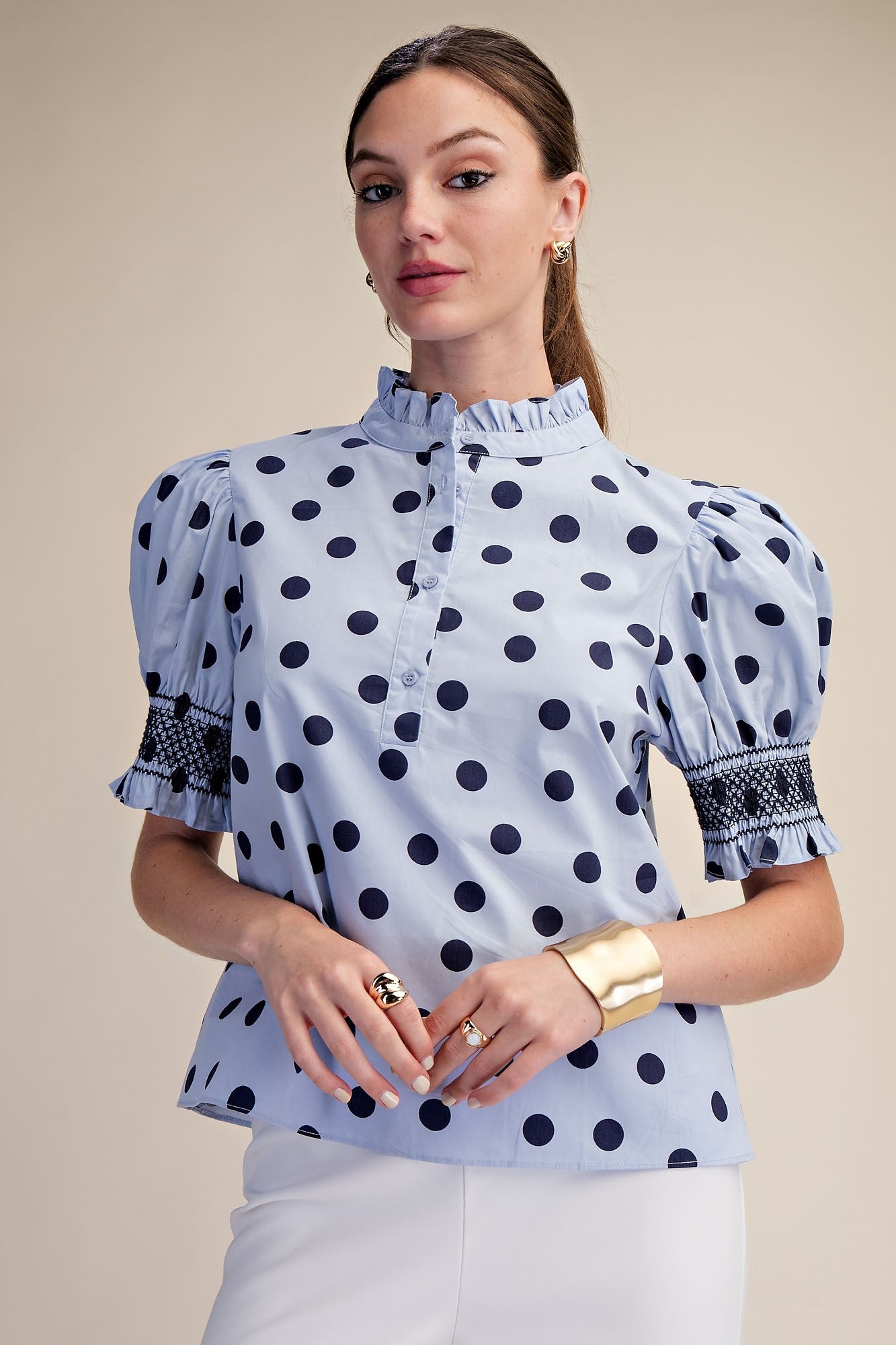 Ruffle Neck Polka Dot Puff Sleeve Blouse_Glam_T8035