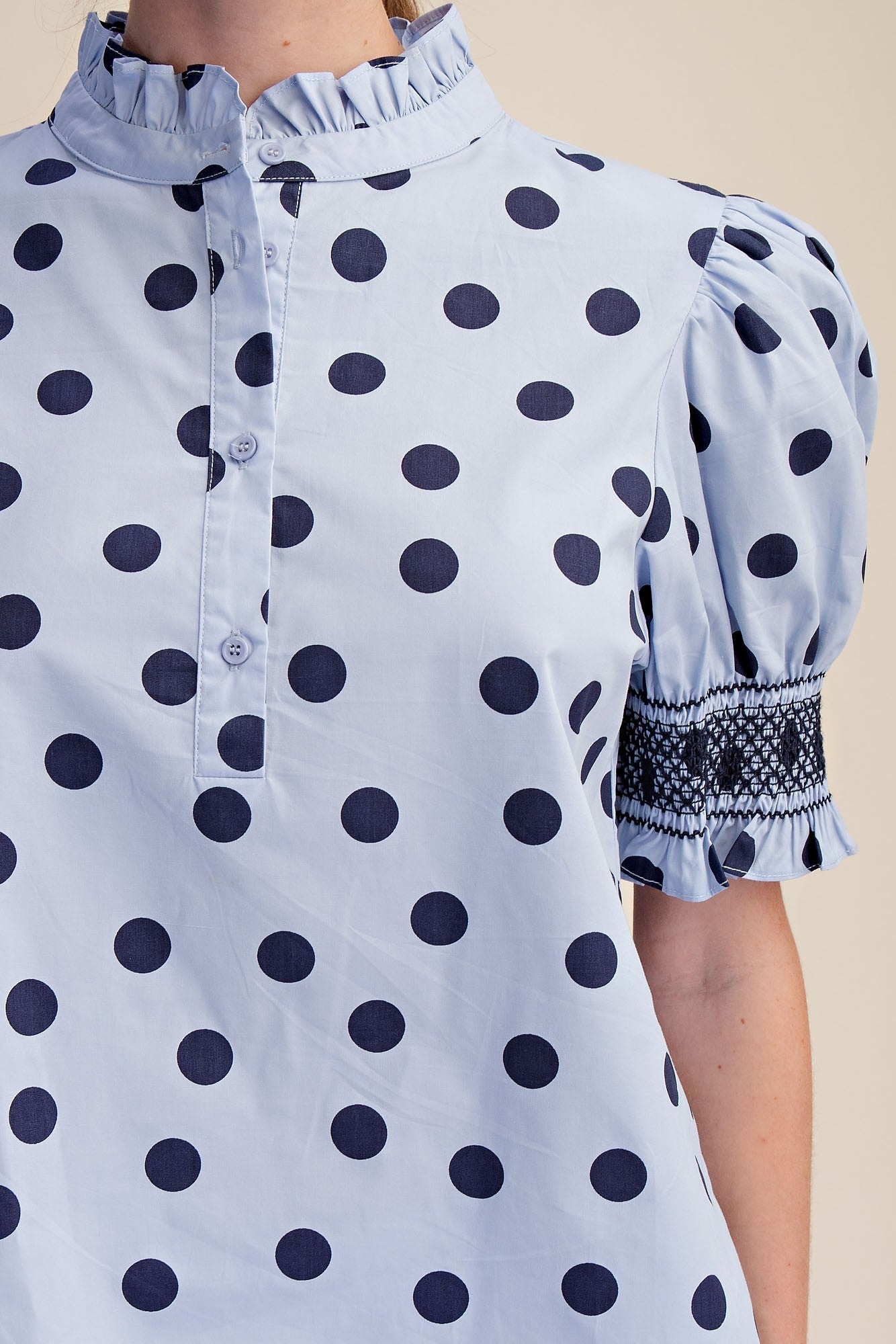 Ruffle Neck Polka Dot Puff Sleeve Blouse_Glam_T8035