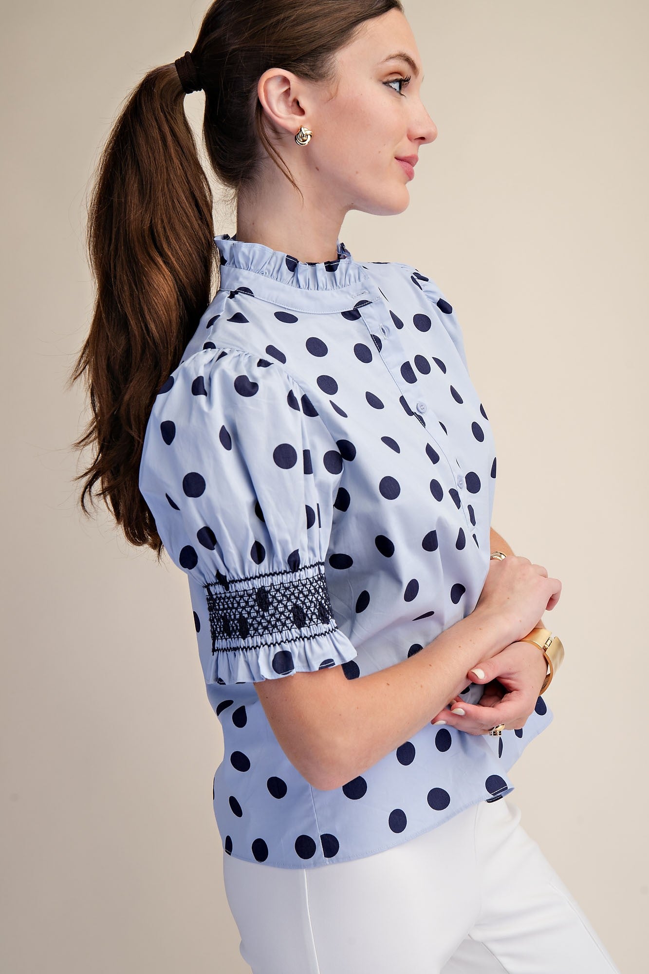 Ruffle Neck Polka Dot Puff Sleeve Blouse_Glam_T8035