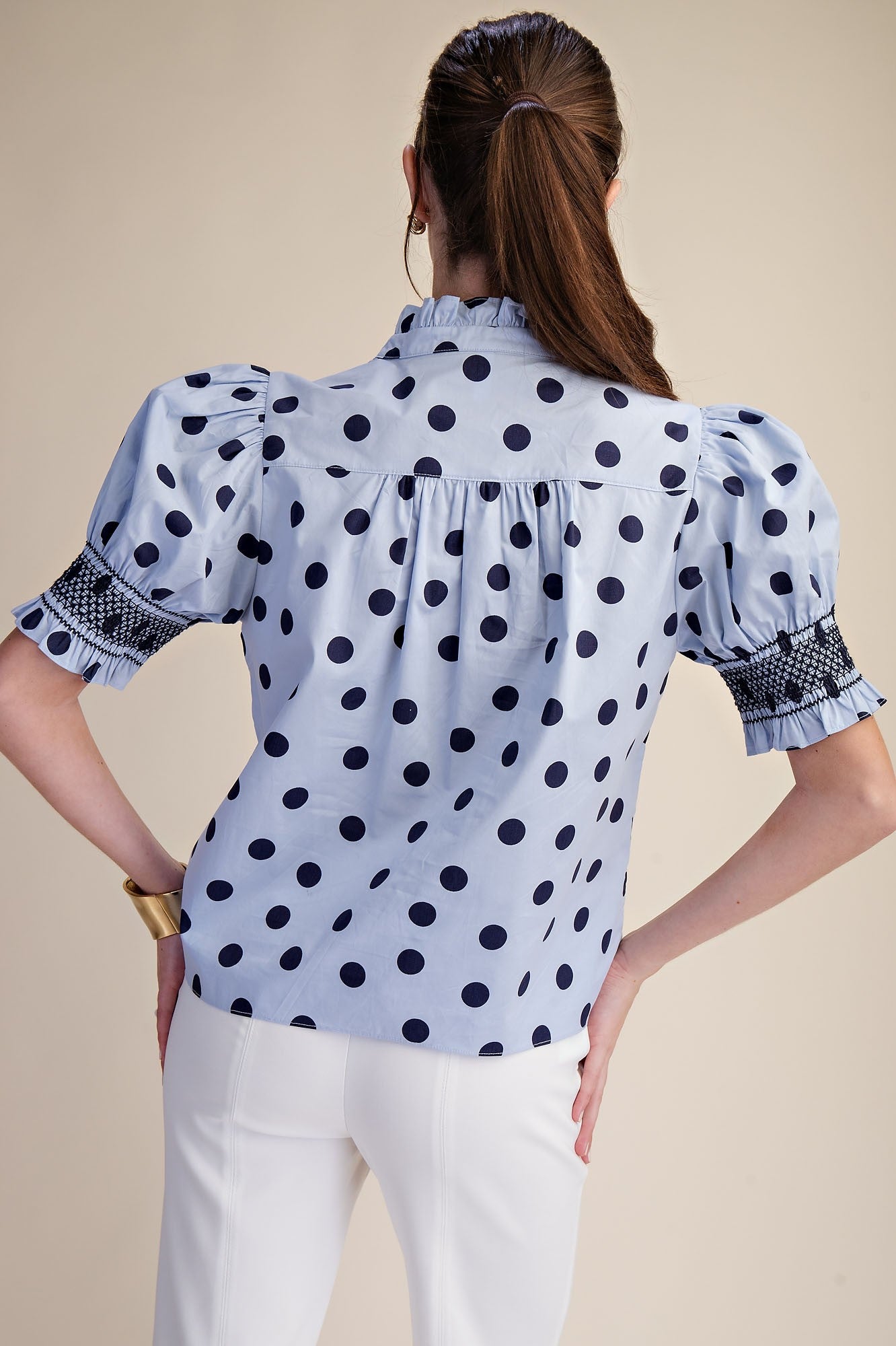 Ruffle Neck Polka Dot Puff Sleeve Blouse_Glam_T8035