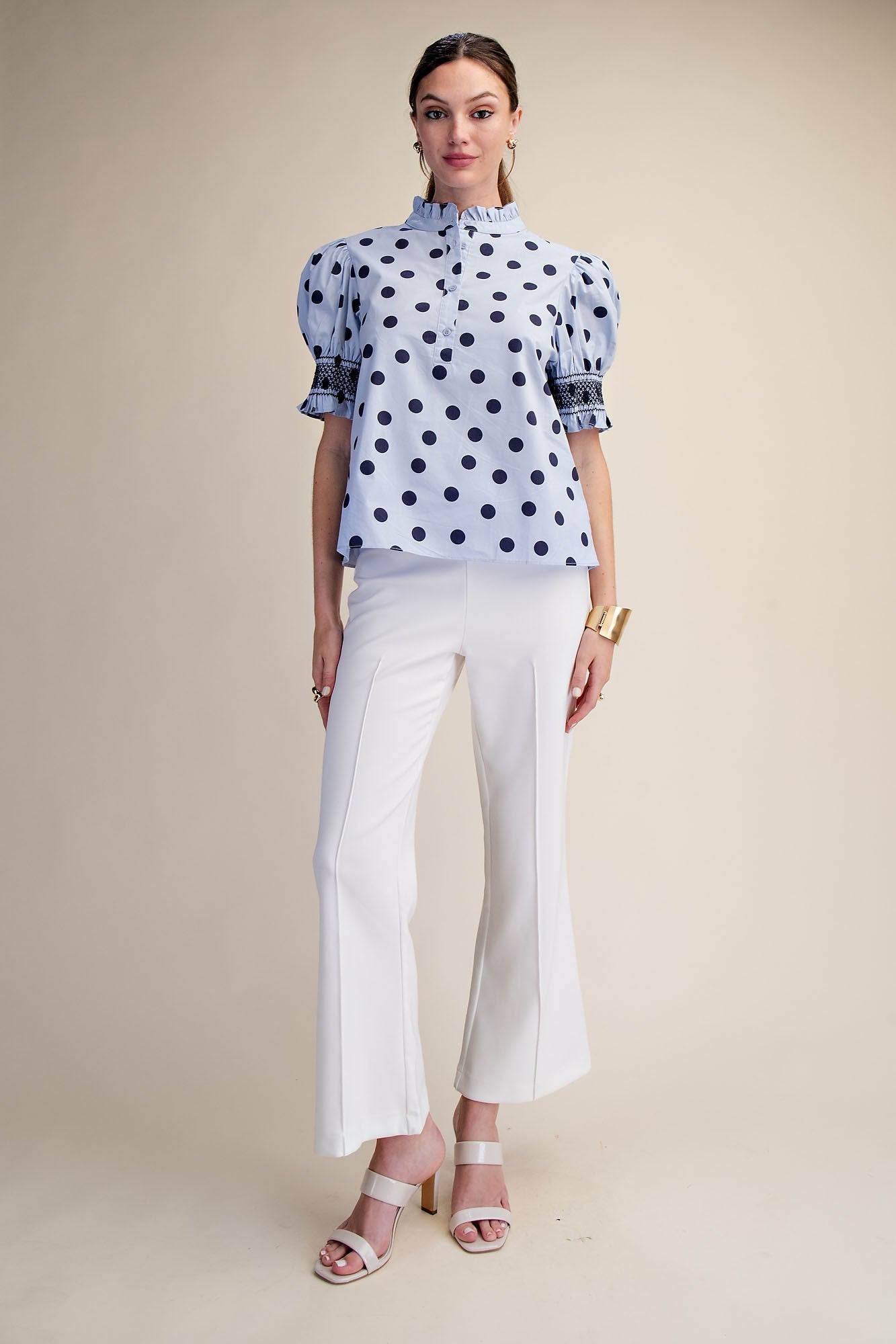 Ruffle Neck Polka Dot Puff Sleeve Blouse_Glam_T8035