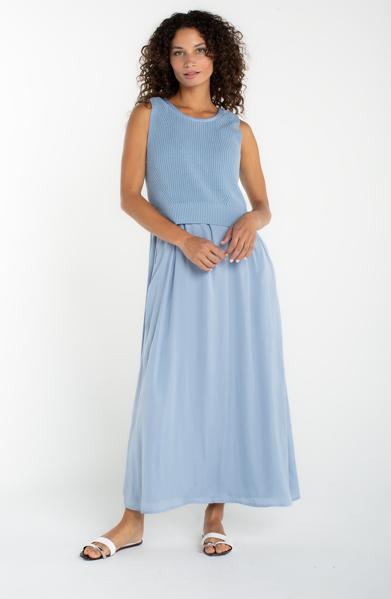 Sleevless Crew Neck Tie Back Sweater Woven Dress