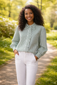 Stripe Pleat Ruffle Trim Top