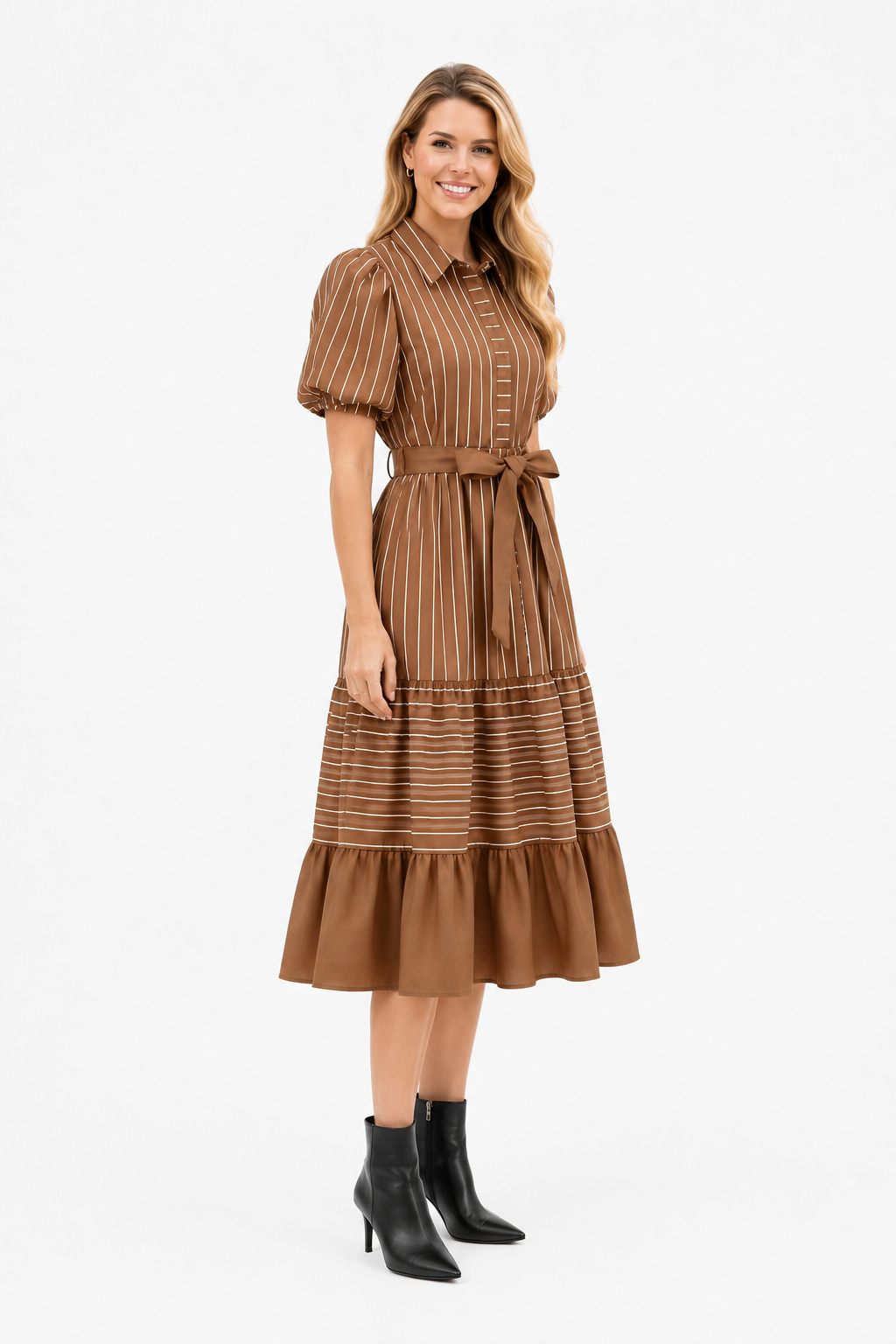 Striped_Collared_Neck_Button_Down_Waist_Belt_Dress_TCEC_CD06337_Brown_S_2