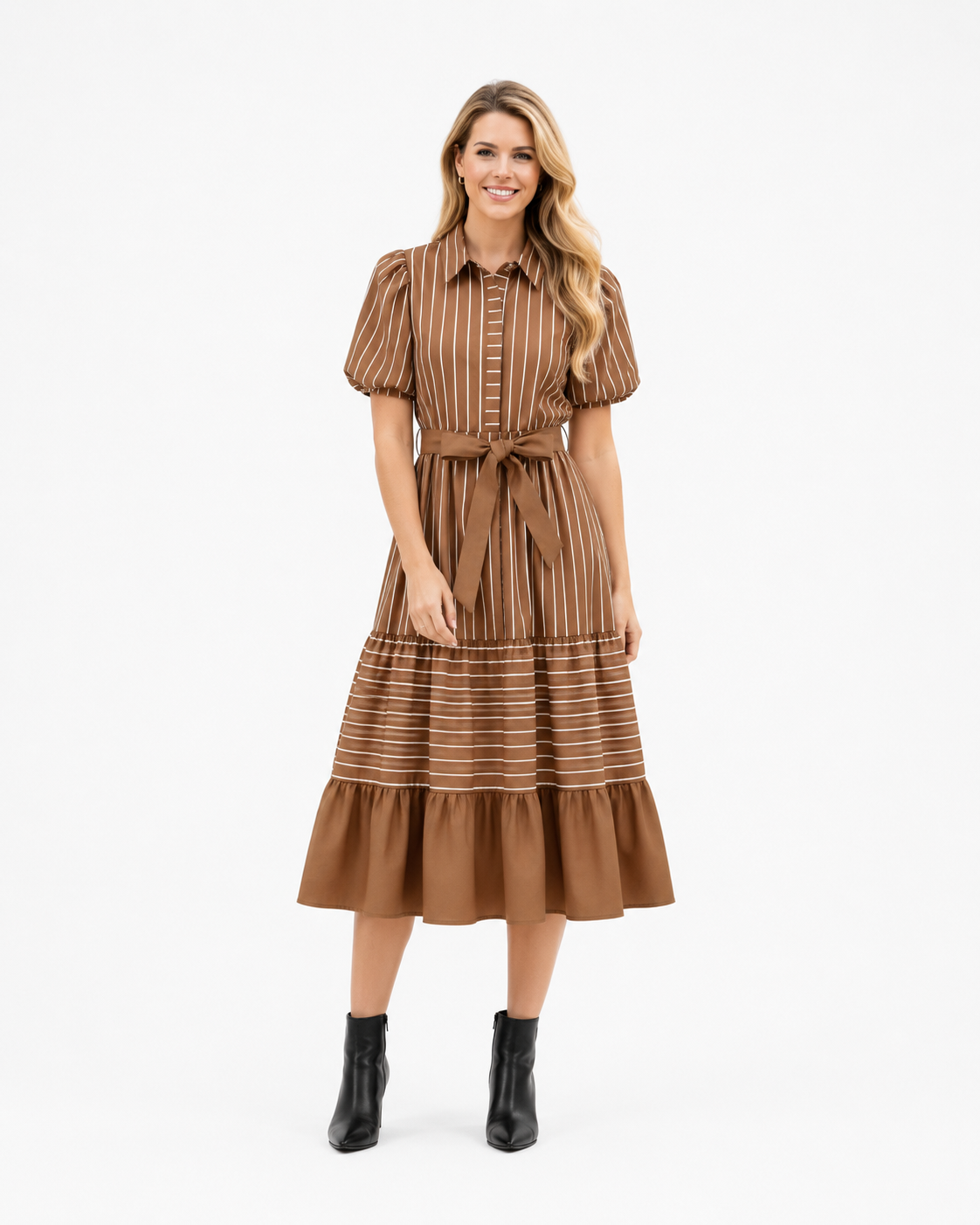 Striped_Collared_Neck_Button_Down_Waist_Belt_Dress_TCEC_CD06337_Brown_S_4