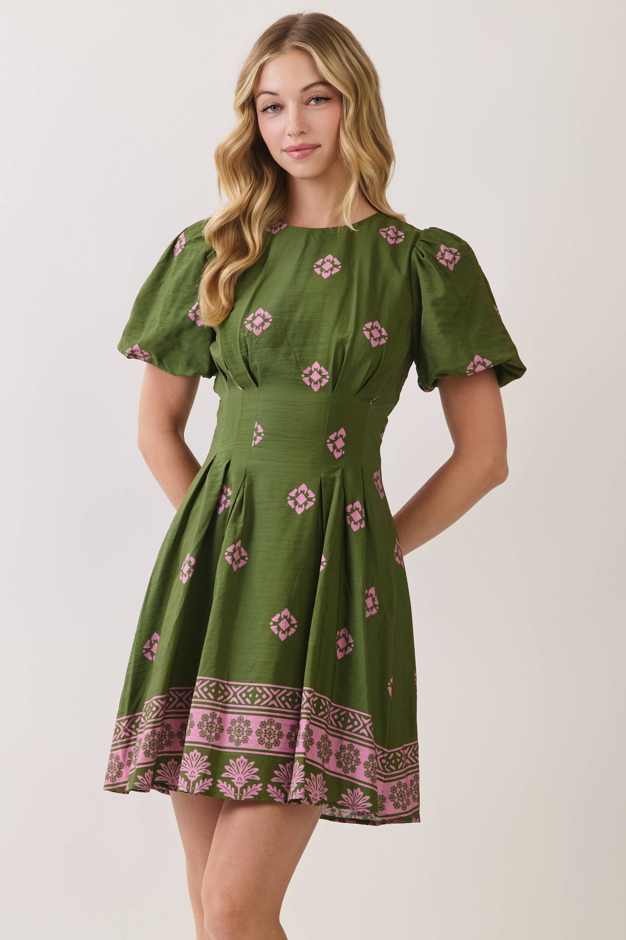 Pleated Puff Sleeve Mini Dress