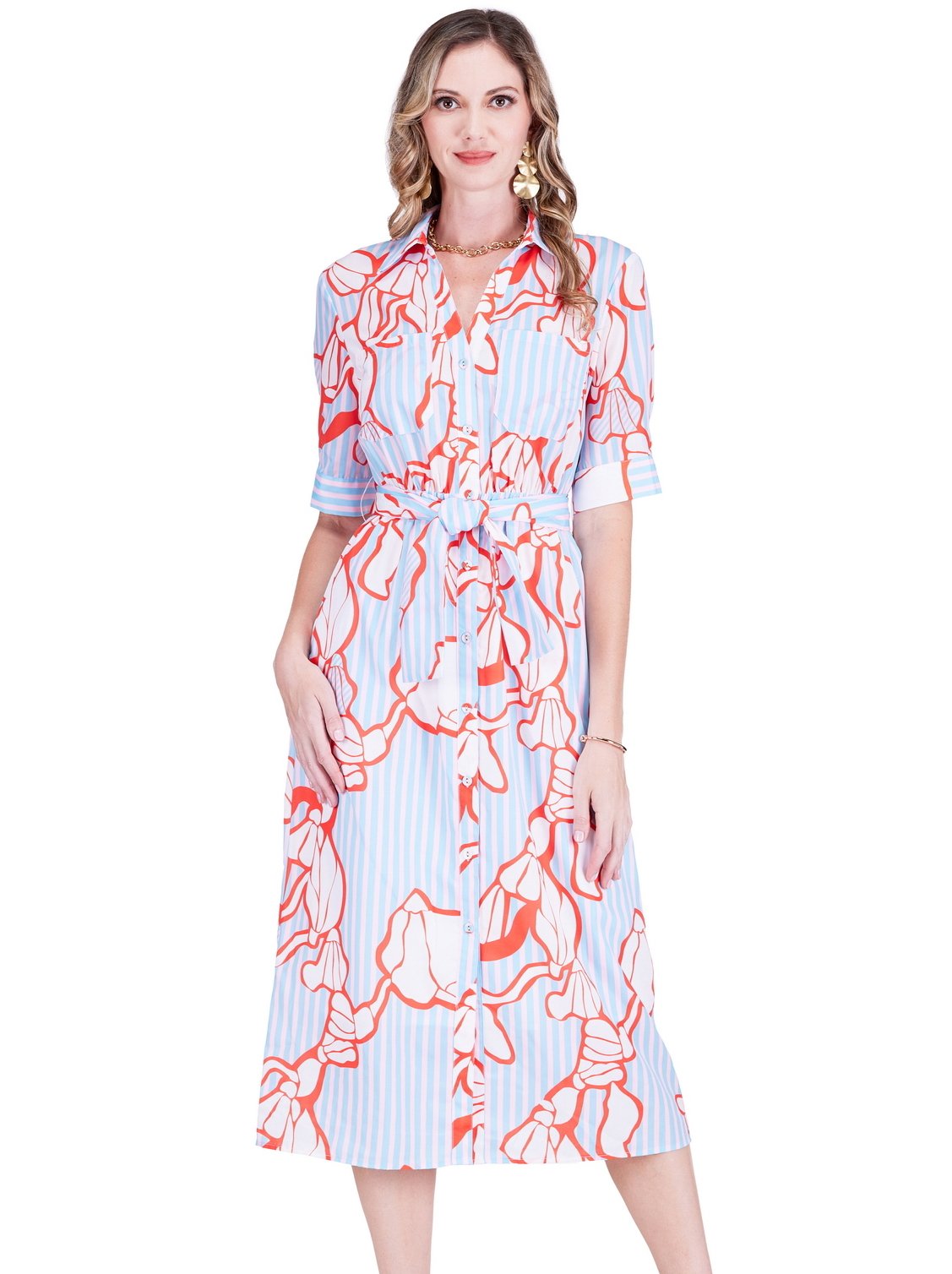 Split Collar Midi Shirt Dress